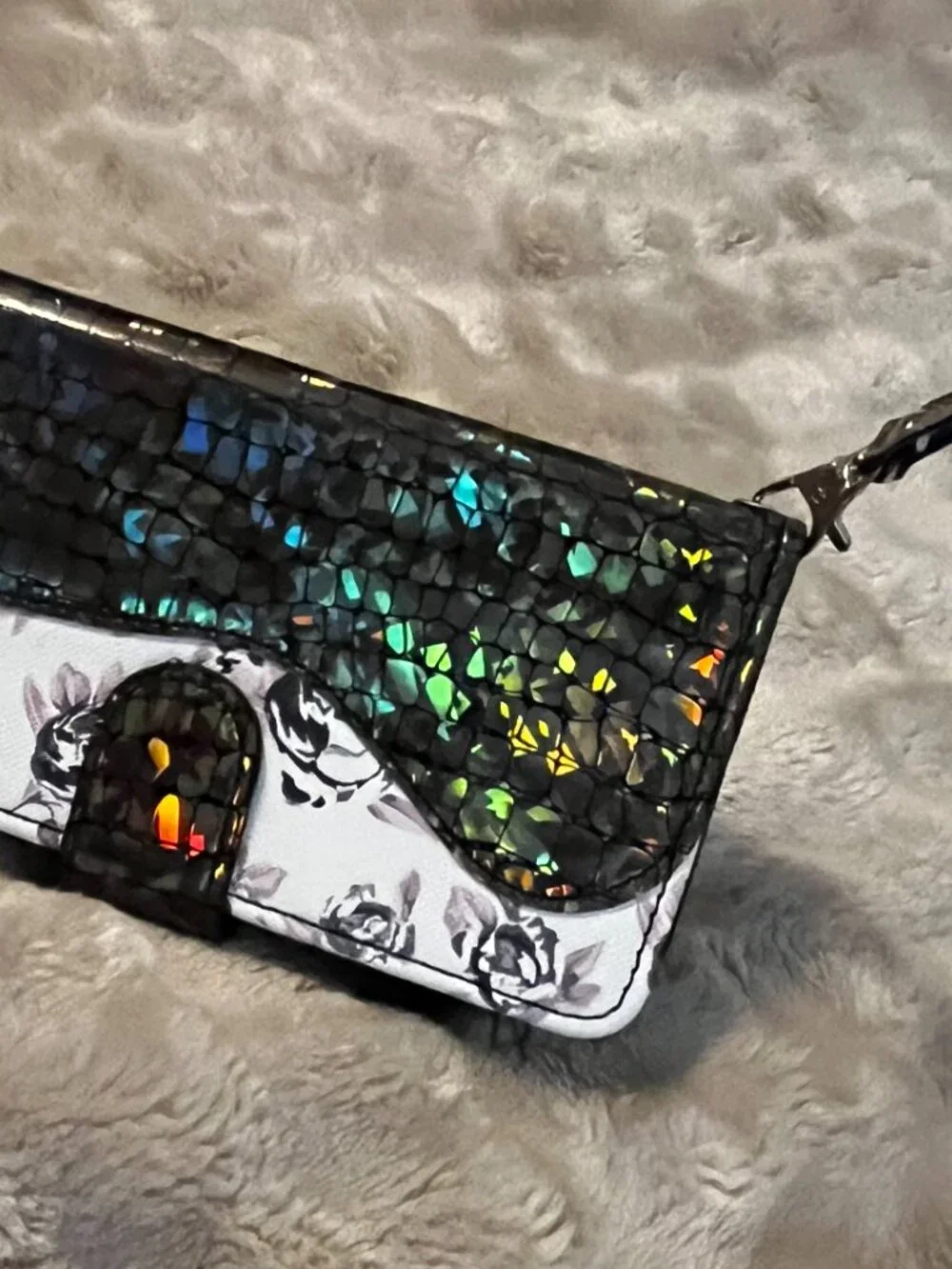 Reflective Flower iPhone Crossbody Case Wallet Purse with cross body Straps